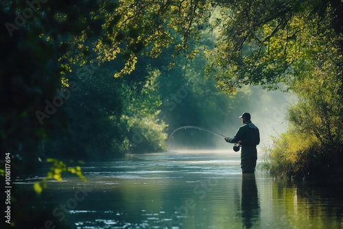 a fisherman with a fishing rod stands in the river