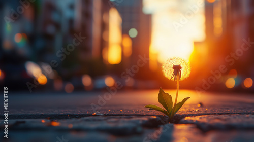 Dandelion growing between city pavement cracks at sunset.