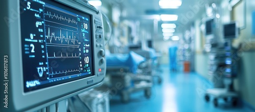 Wallpaper Mural Close-up of a heart rate monitor in a hospital room, with a defocused view of other medical equipment and a hospital bed in the background. Torontodigital.ca