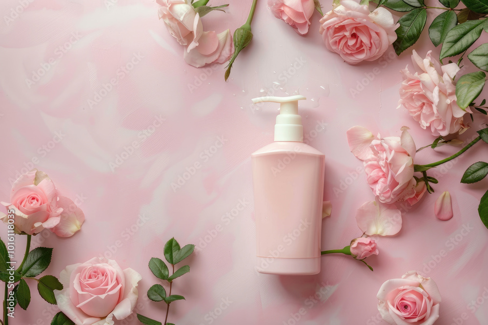 liquid soap in a transparent tube with a dispenser with the smell of roses on a light background liquid soap in a transparent tube with a dispenser with the smell of roses on a light background