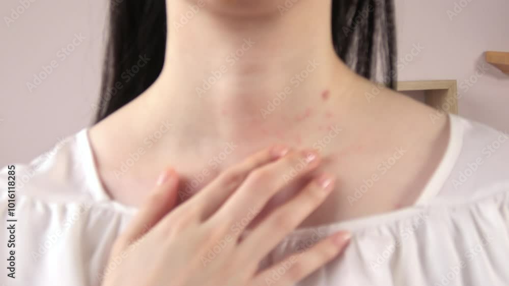 A young woman scratching her neck. Defocus shot of itchy body with skin problem. 4K A young woman scratching her neck. Defocus shot of itchy body with skin problem. 4K