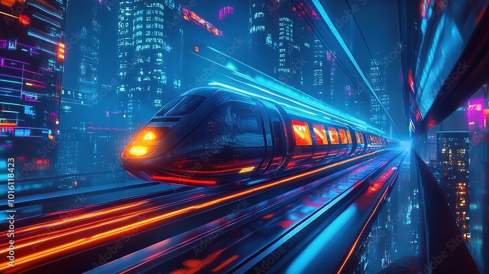 Futuristic high-speed train traveling through a neon-lit cityscape at night with glowing skyscrapers and vibrant colors Futuristic high-speed train traveling through a neon-lit cityscape at night with glowing skyscrapers and vibrant colors