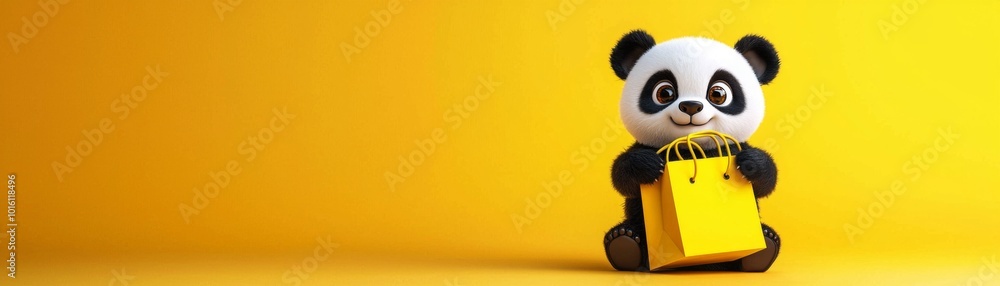 Fototapeta premium Cute Panda Holding Yellow Shopping Bag on Bright Background