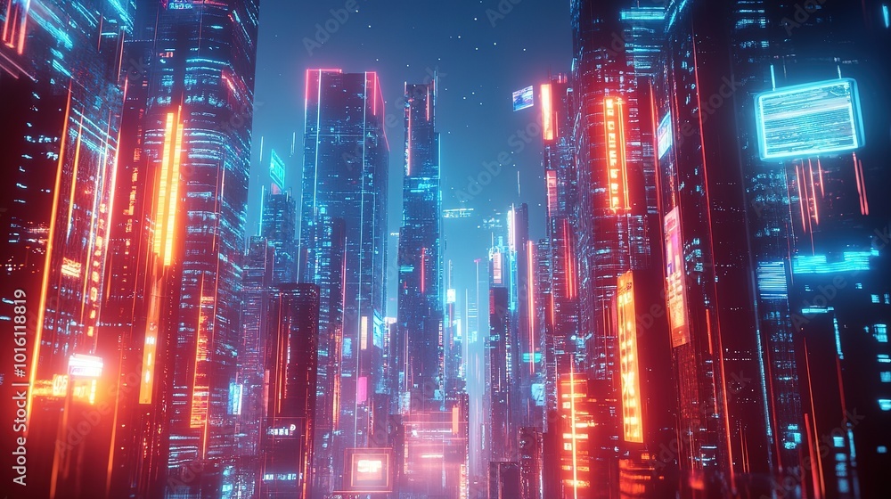 Vibrant neon-lit skyscrapers tower in a futuristic cityscape at night showcasing advanced architecture and urban energy Vibrant neon-lit skyscrapers tower in a futuristic cityscape at night showcasing advanced architecture and urban energy
