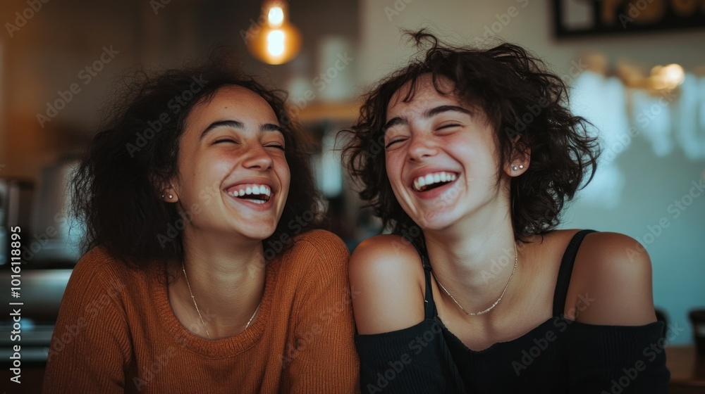 A candid shot of two friends laughing together in a café, their faces lit up with sincere smiles and joy. A candid shot of two friends laughing together in a café, their faces lit up with sincere smiles and joy.