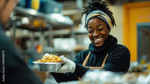 A candid shot of a person volunteering at a food bank, smiling genuinely as they hand a meal to someone in need