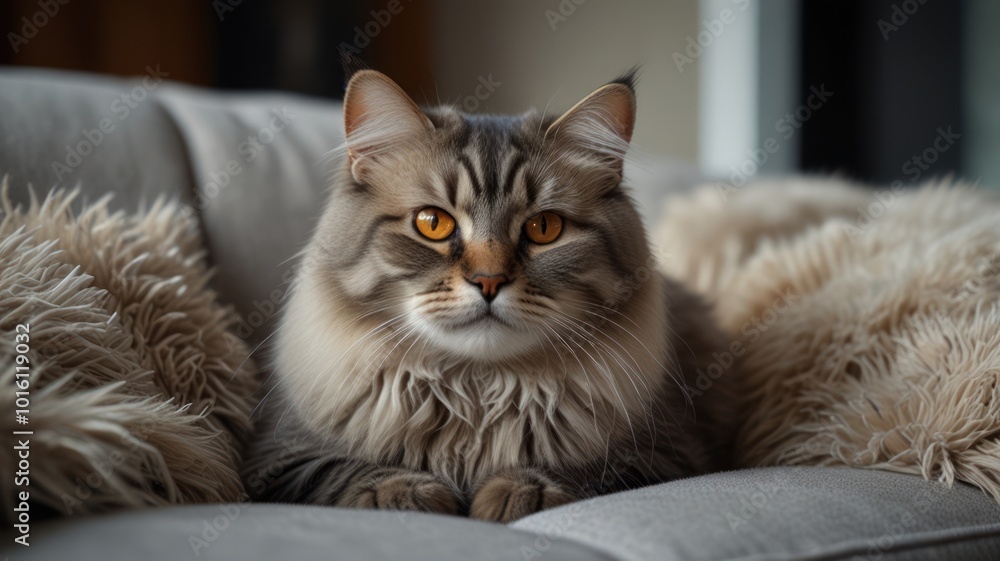 A gray and white cat with yellow eyes lays on a light brown sofa with a fuzzy blanket. A gray and white cat with yellow eyes lays on a light brown sofa with a fuzzy blanket.