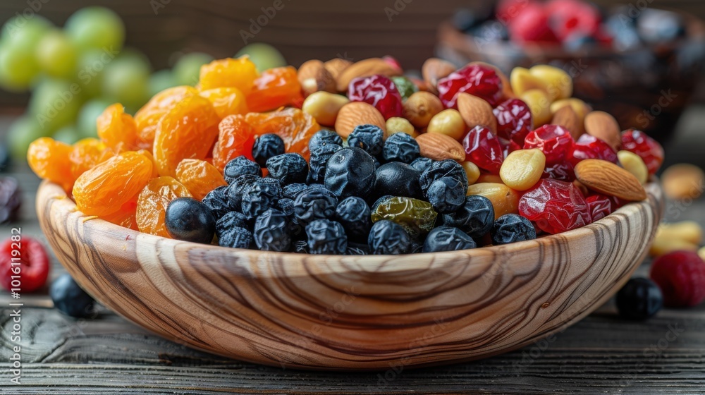 A beautifully arranged wooden bowl filled with an assortment of dried fruits and nuts, including raisins, almonds, and berries, offering a vibrant and nutritious snack.
A beautifully arranged wooden bowl filled with an assortment of dried fruits and nuts, including raisins, almonds, and berries, offering a vibrant and nutritious snack.