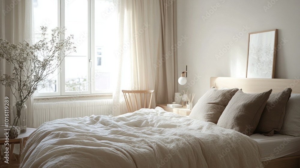 A chic Scandinavian bedroom featuring a light wood bed and neutral colors, where the soft evening light creates a calming and peaceful ambiance A chic Scandinavian bedroom featuring a light wood bed and neutral colors, where the soft evening light creates a calming and peaceful ambiance