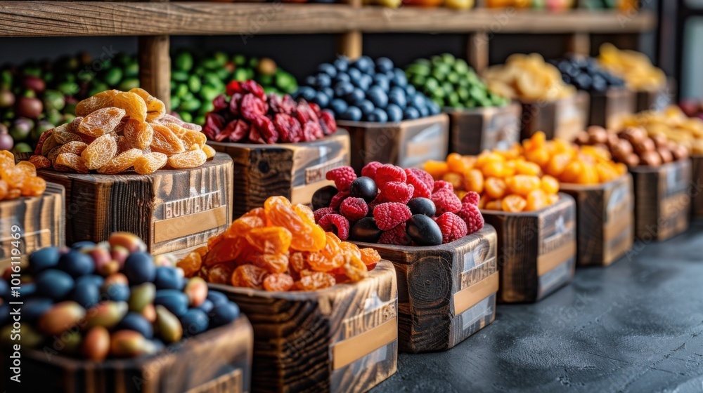 A vibrant display of assorted dried fruits neatly arranged in wooden boxes, showcasing a colorful and healthy selection of dried berries and nuts in a gourmet market setting.

