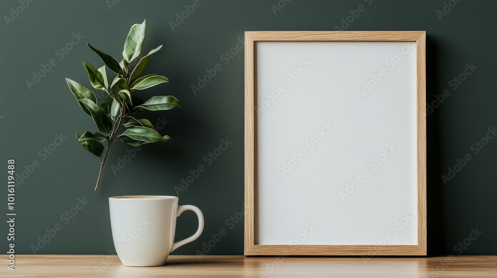 Bright Workspace with Blank Frame and Greenery Bright Workspace with Blank Frame and Greenery