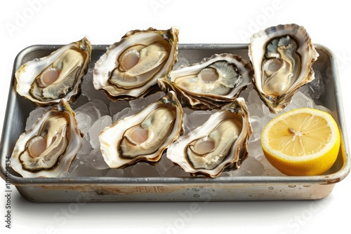 A tray of freshly shucked oysters served on ice with a lemon half, offering a simple yet elegant seafood appetizer.