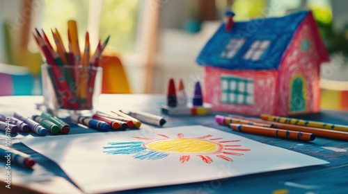 A art station with colorful crayons, markers, and a cute drawing of a house and sun on a piece of paper