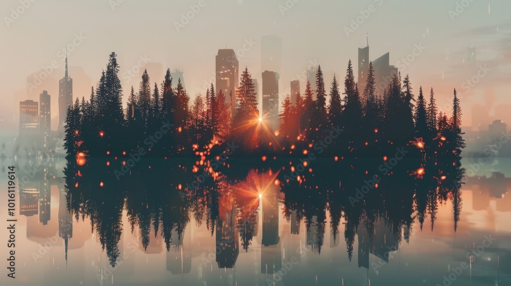 Obraz premium Serene Cityscape Reflection with Forest at Dusk