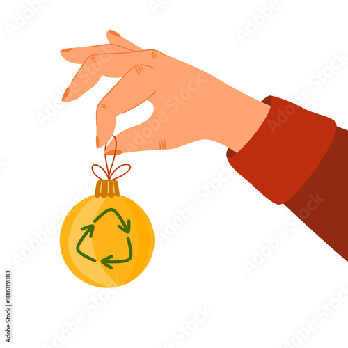Green Christmas concept. Eco-friendly sustainable illustration. The human hand holds a green Xmas toy with a recycling symbol.  Flat vector illustration isolated on white background