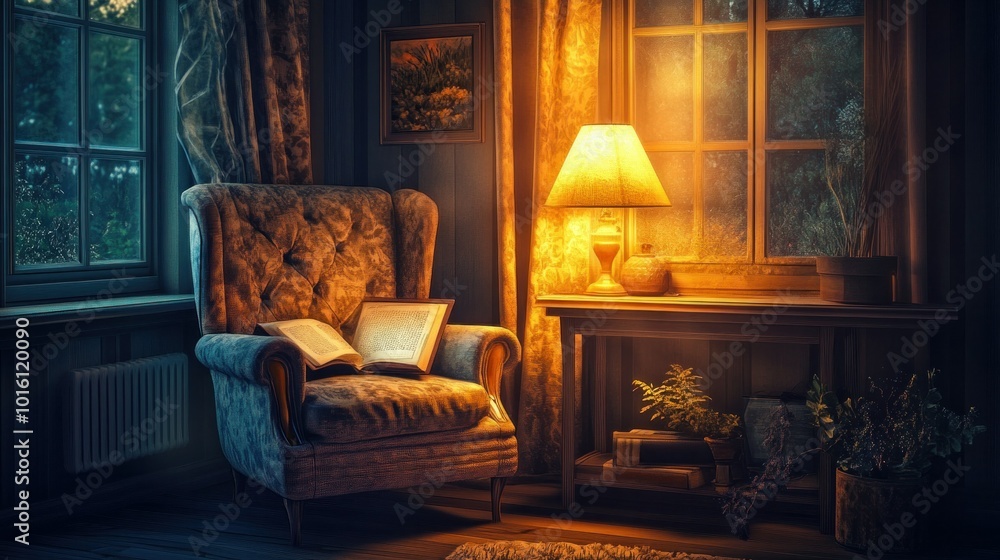 A cozy reading nook in a bedroom, where a comfortable chair is illuminated by the soft glow of a lamp and the warm light from the window A cozy reading nook in a bedroom, where a comfortable chair is illuminated by the soft glow of a lamp and the warm light from the window