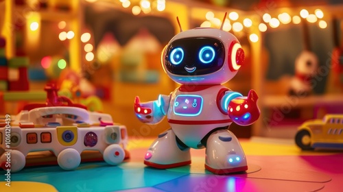 A cute robot toy with flashing lights and colorful buttons, sitting on a play table with other interactive toys