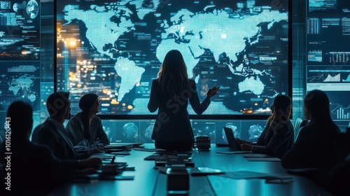 A businesswoman presenting international trade strategies to a team of executives, modern boardroom with digital charts and maps