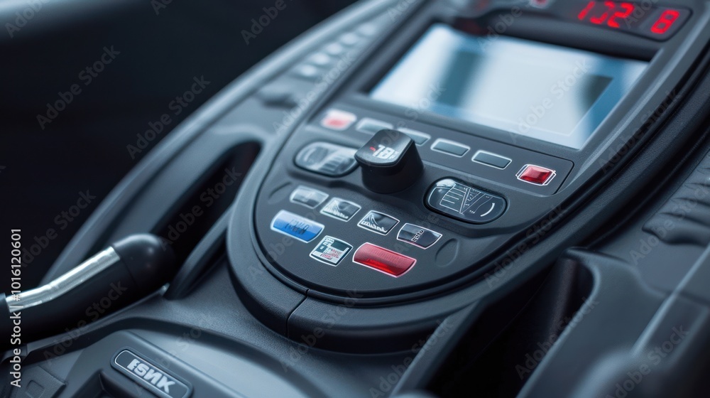 Close-up of a black control panel with buttons, a knob, and a digital display. Close-up of a black control panel with buttons, a knob, and a digital display.