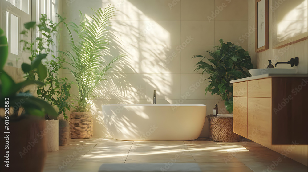Fototapeta premium Sunlight Streaming Through Window in Modern Bathroom Illustration