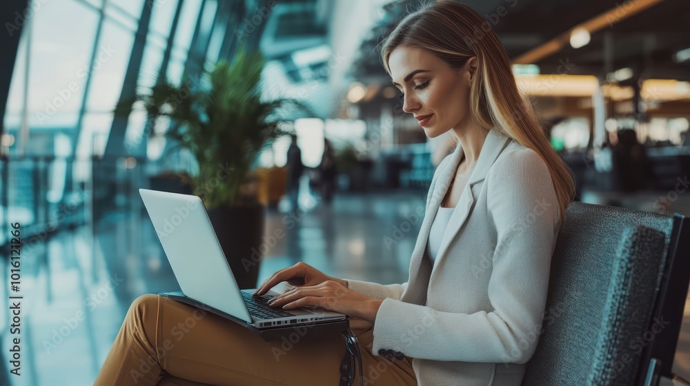 A businesswoman using a laptop in a modern airport lounge, preparing for a global business trip, sleek and professional setting A businesswoman using a laptop in a modern airport lounge, preparing for a global business trip, sleek and professional setting