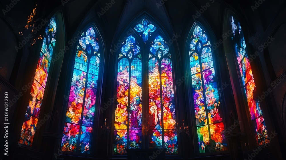 Colorful Stained Glass Windows in a Dark Church. Colorful Stained Glass Windows in a Dark Church.