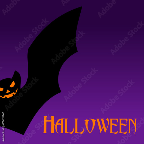 Logo con palabra Haloween con murciélago asomándose al marco desde la izquierda para tarjetas y felicitaciones de Halloween 