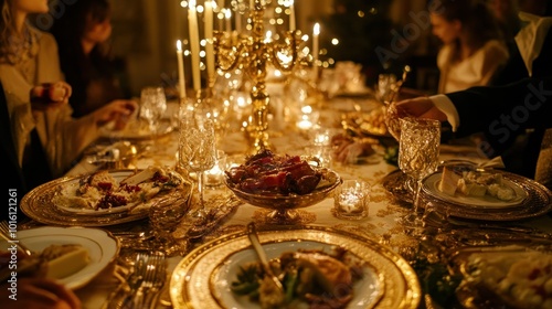 A lavish New Year's dinner party with an elegantly set table, golden decorations, and candlelight, as guests chat and enjoy gourmet dishes