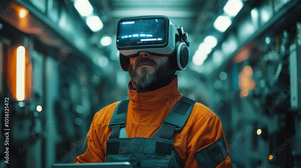 A man in an orange jumpsuit is wearing a virtual reality headset A man in an orange jumpsuit is wearing a virtual reality headset