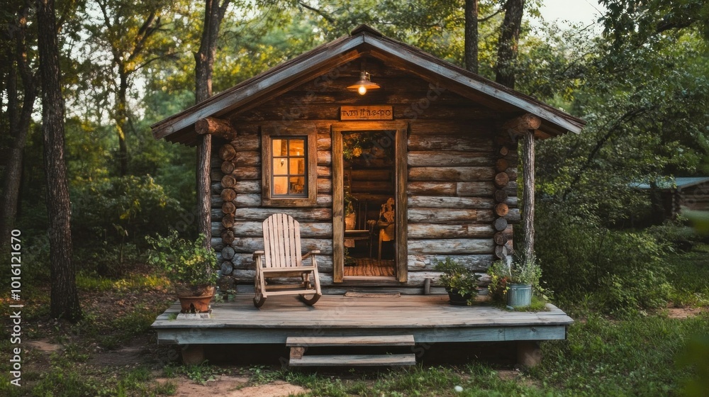 A mini log cabin playhouse with rustic wood walls, a tiny front porch, and a rocking chair for a cozy, woodland adventure A mini log cabin playhouse with rustic wood walls, a tiny front porch, and a rocking chair for a cozy, woodland adventure