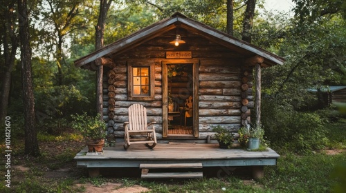 A mini log cabin playhouse with rustic wood walls, a tiny front porch, and a rocking chair for a cozy, woodland adventure