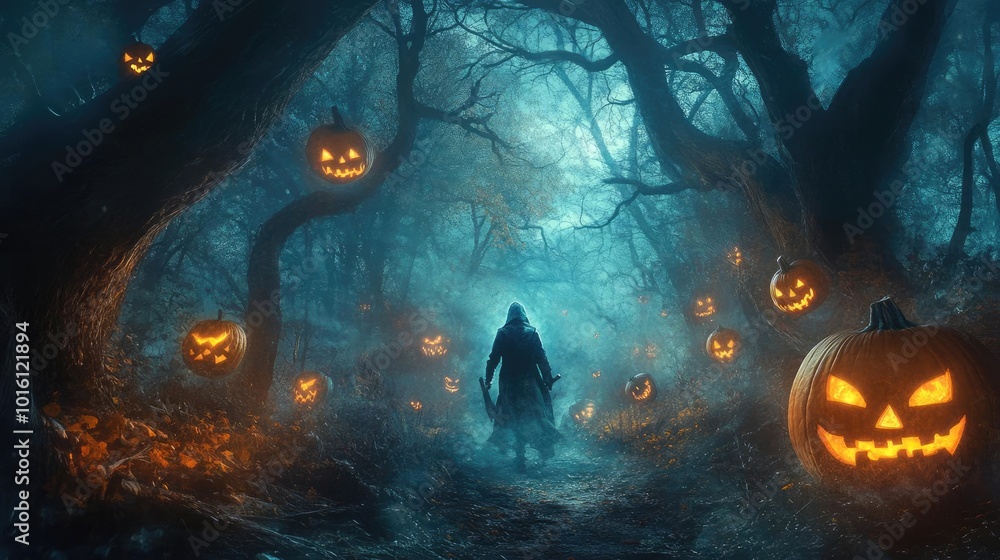 A mysterious figure walks through a dark forest adorned with glowing pumpkins, creating an eerie Halloween atmosphere. A mysterious figure walks through a dark forest adorned with glowing pumpkins, creating an eerie Halloween atmosphere.