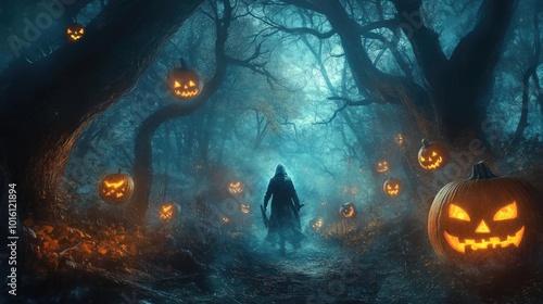 A mysterious figure walks through a dark forest adorned with glowing pumpkins, creating an eerie Halloween atmosphere.