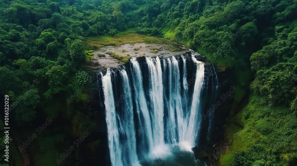 Naklejka premium Majestic Waterfall in Lush Green Forest