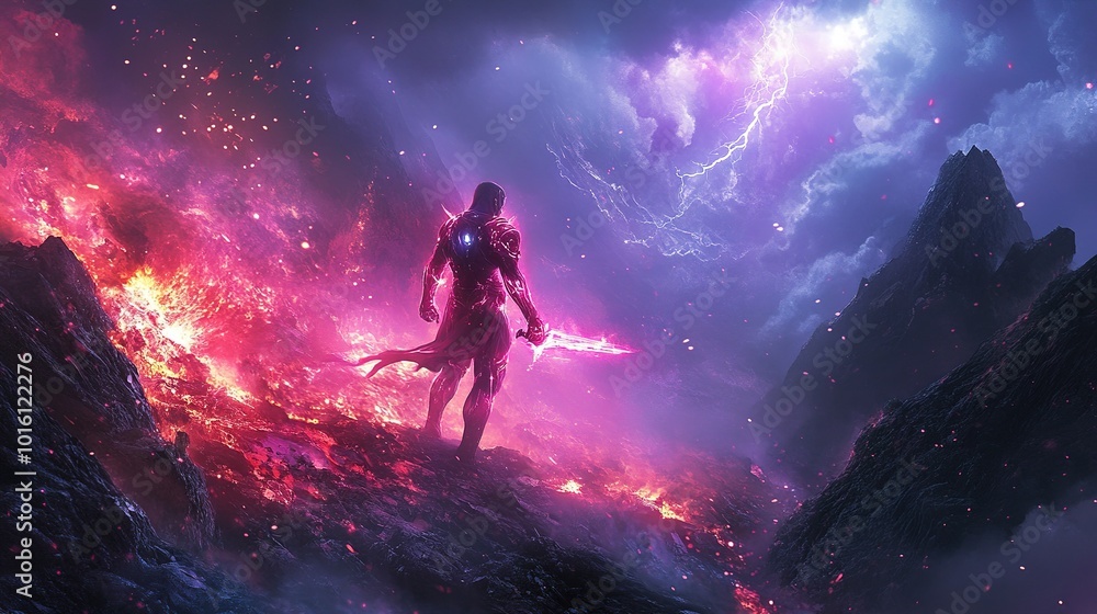 Futuristic armored figure stands against a backdrop of glowing lava at dawn on a volcanic landscape Futuristic armored figure stands against a backdrop of glowing lava at dawn on a volcanic landscape