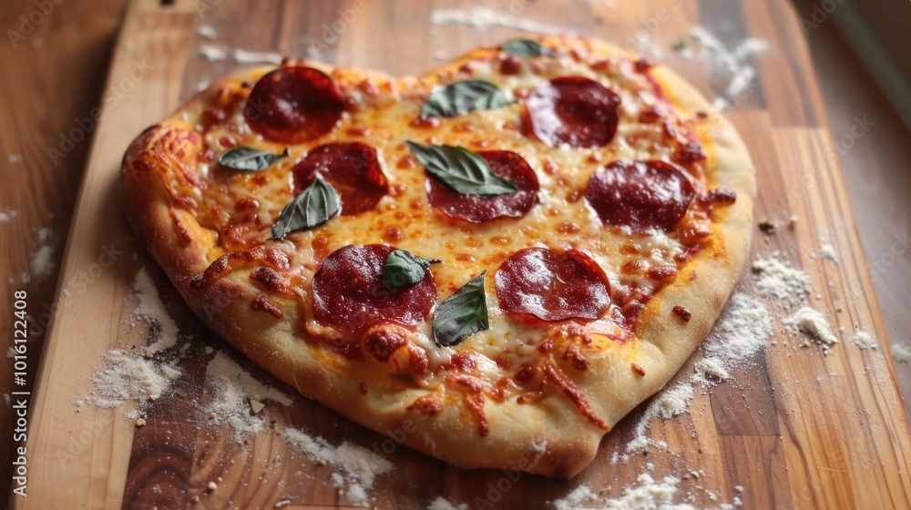 Heart-Shaped Pizza with Pepperoni and Basil Toppings Heart-Shaped Pizza with Pepperoni and Basil Toppings