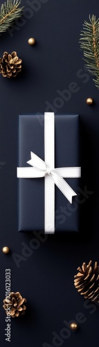 Elegant navy blue gift with a minimal ceramic tree ornament and white ribbon