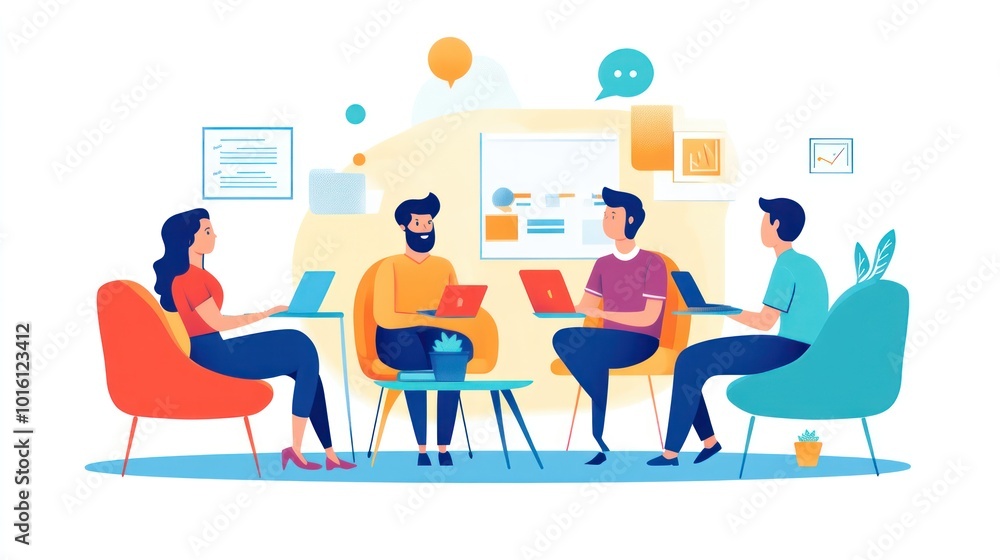 A corporate team in a brainstorming session, creative space with bright colors and modern design, ideas flowing A corporate team in a brainstorming session, creative space with bright colors and modern design, ideas flowing