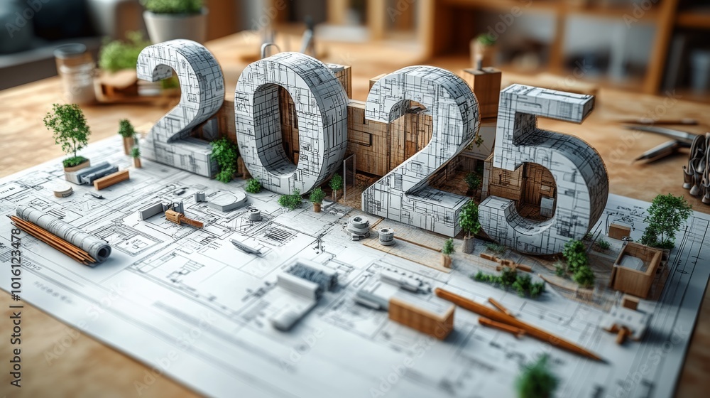 Architectural design showcasing 2025 with blueprints and crafting materials indoors