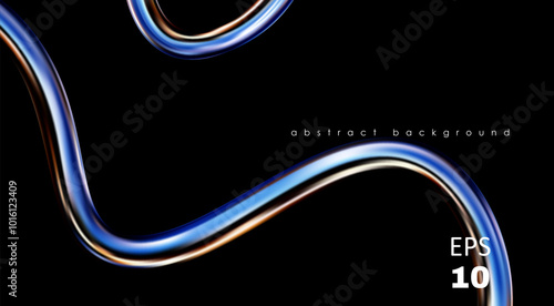 3d chrome spiral template. Silver metal curve element on black background. Y2k fluid wave, flow swirl, 3d path. Dynamic steel shapes. Vector trend 3d illustration