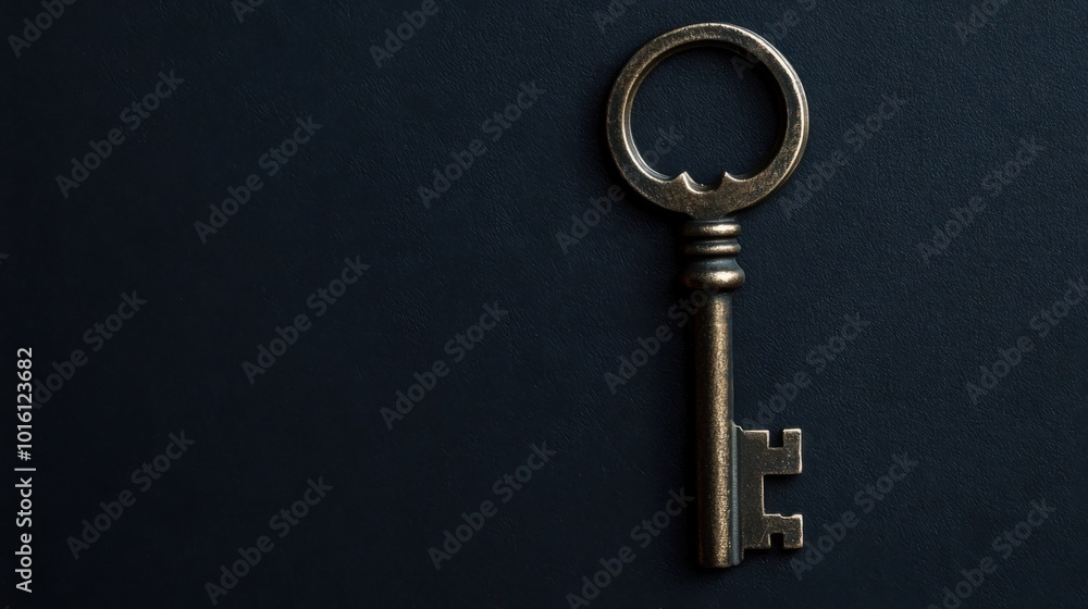 Black background with a metallic key in the middle. Black background with a metallic key in the middle.