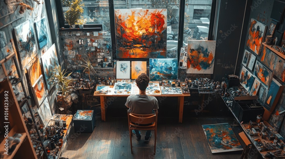 Birds-eye view of a minimalist art room, vibrant colors of artistic movements, simplicity in chaos, artistic harmony throughout Birds-eye view of a minimalist art room, vibrant colors of artistic movements, simplicity in chaos, artistic harmony throughout