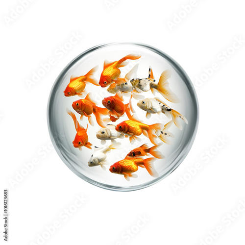 Colorful goldfish in a round aquarium. transparent background photo