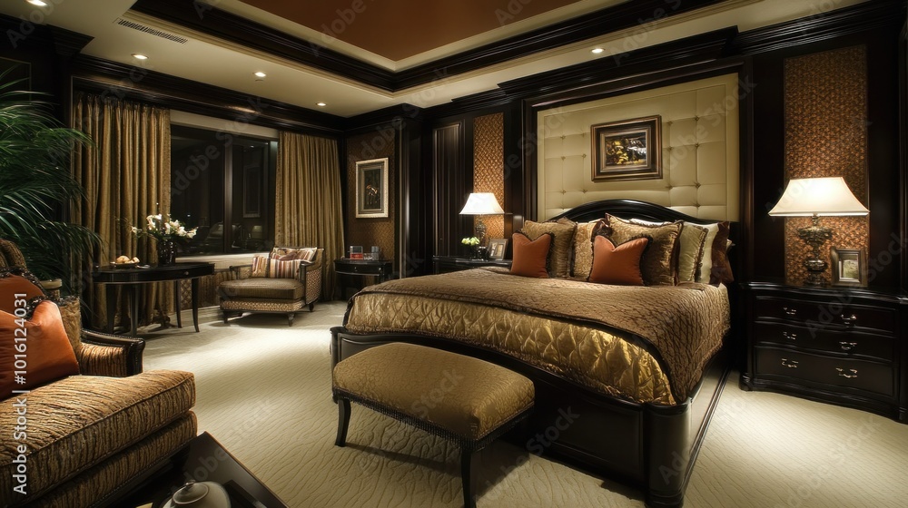 A sophisticated master suite with a luxurious bed and elegant decor, where the evening light adds depth to the rich colors and textures A sophisticated master suite with a luxurious bed and elegant decor, where the evening light adds depth to the rich colors and textures
