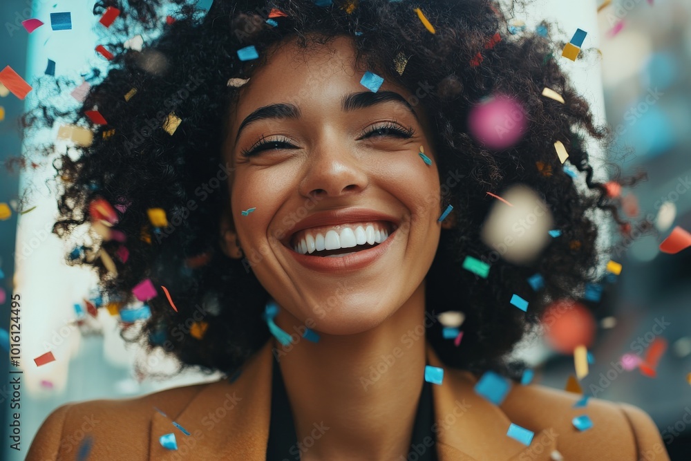 A woman with curly hair beams as confetti falls around her, embodying happiness and celebration in a spontaneous, joyful moment. A woman with curly hair beams as confetti falls around her, embodying happiness and celebration in a spontaneous, joyful moment.