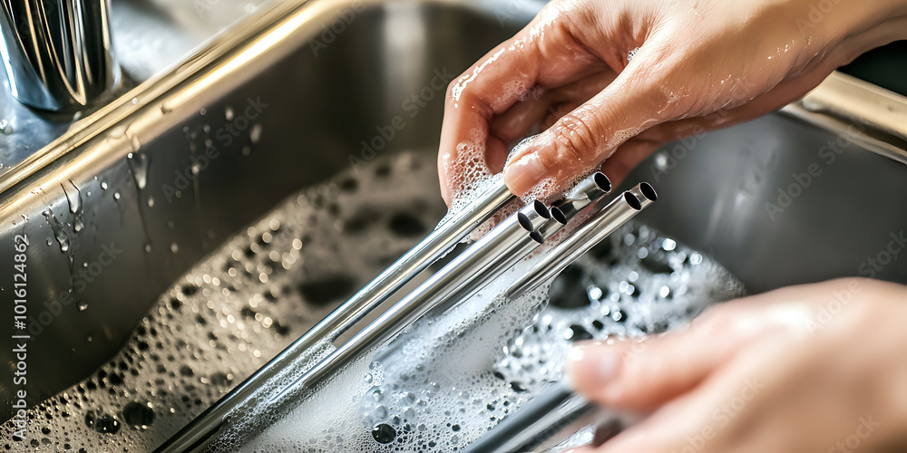 Close-up of hands scrubbing reusable metal straws in a modern eco-friendly kitchen sink filled with bubbles. Cleaning routine concept Close-up of hands scrubbing reusable metal straws in a modern eco-friendly kitchen sink filled with bubbles. Cleaning routine concept