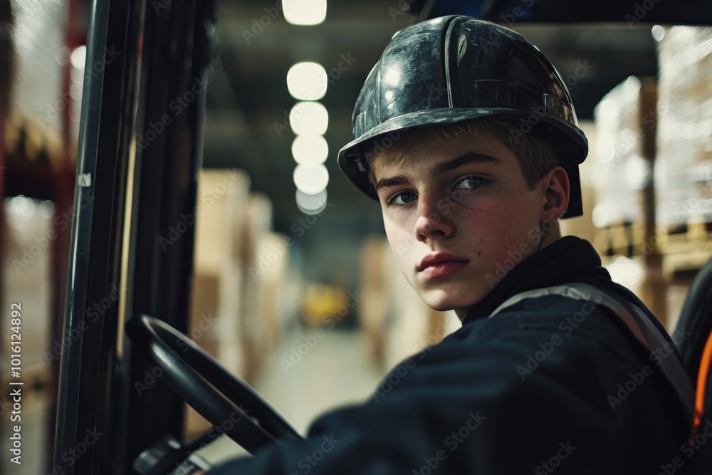 A focused young male in a black outfit and safety helmet operates a forklift in a dimly lit warehouse, showcasing determination and focus in his task. A focused young male in a black outfit and safety helmet operates a forklift in a dimly lit warehouse, showcasing determination and focus in his task.