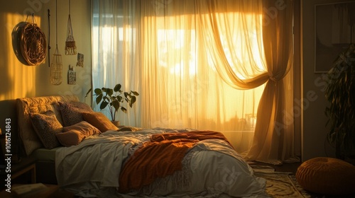 A stylish urban bedroom with modern decor, where the golden light of the evening filters through sheer curtains, creating a cozy vibe