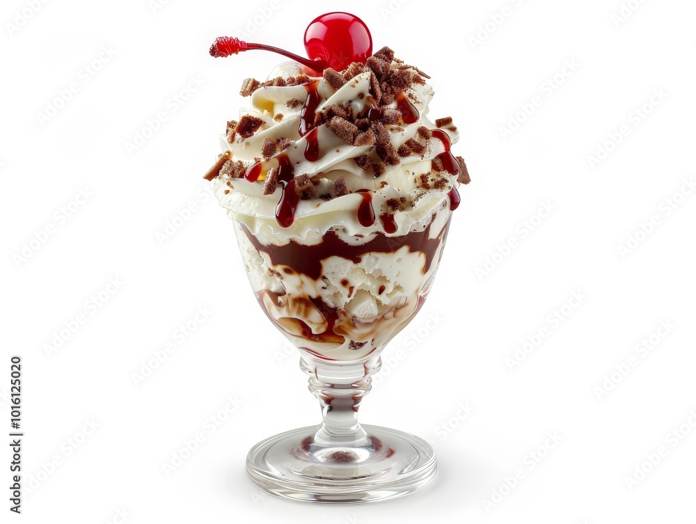 Chocolate Sundae with Whipped Cream and Cherry Isolated On White Background Chocolate Sundae with Whipped Cream and Cherry Isolated On White Background