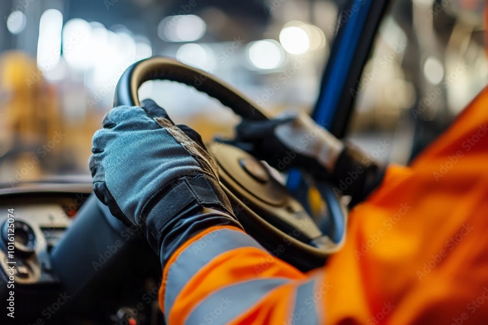 A warehouse worker, clad in orange high-visibility gear, skillfully operates a forklift steering wheel, surrounded by blurred warehouse activity and light. A warehouse worker, clad in orange high-visibility gear, skillfully operates a forklift steering wheel, surrounded by blurred warehouse activity and light.
